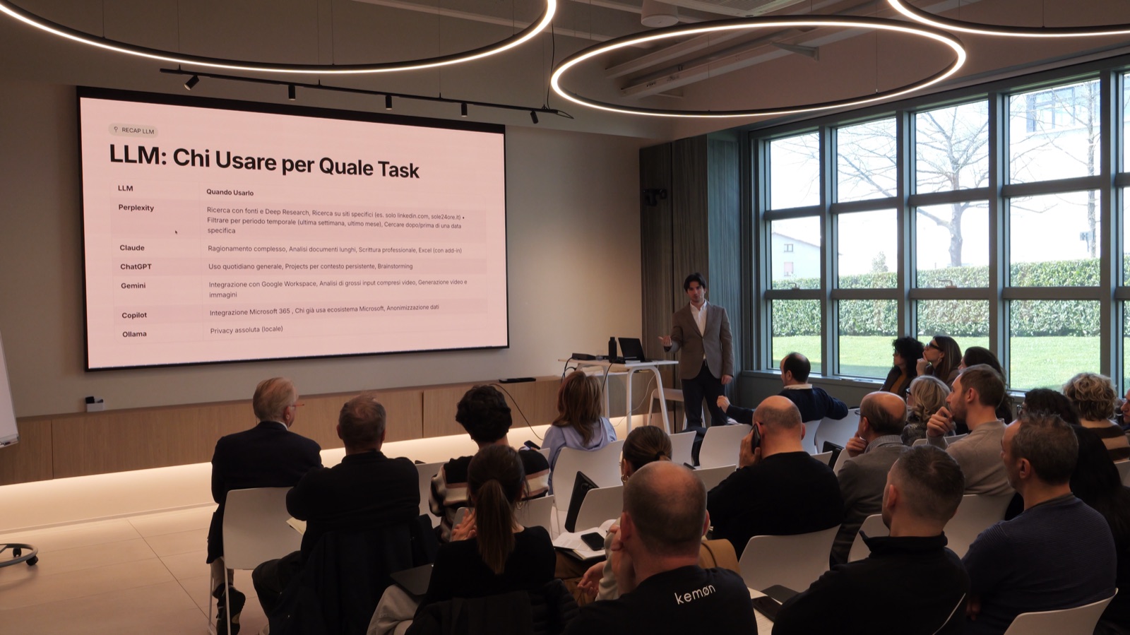 Riccardo Belli presenta a una platea numerosa seduta, sullo schermo "LLM: Chi Usare per Quale Task".